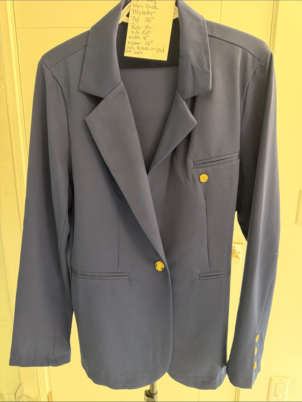 SHEIN Navy Blazer with tortoise detail buttons & slacks  20”Ptp /slacks 18”w/28”